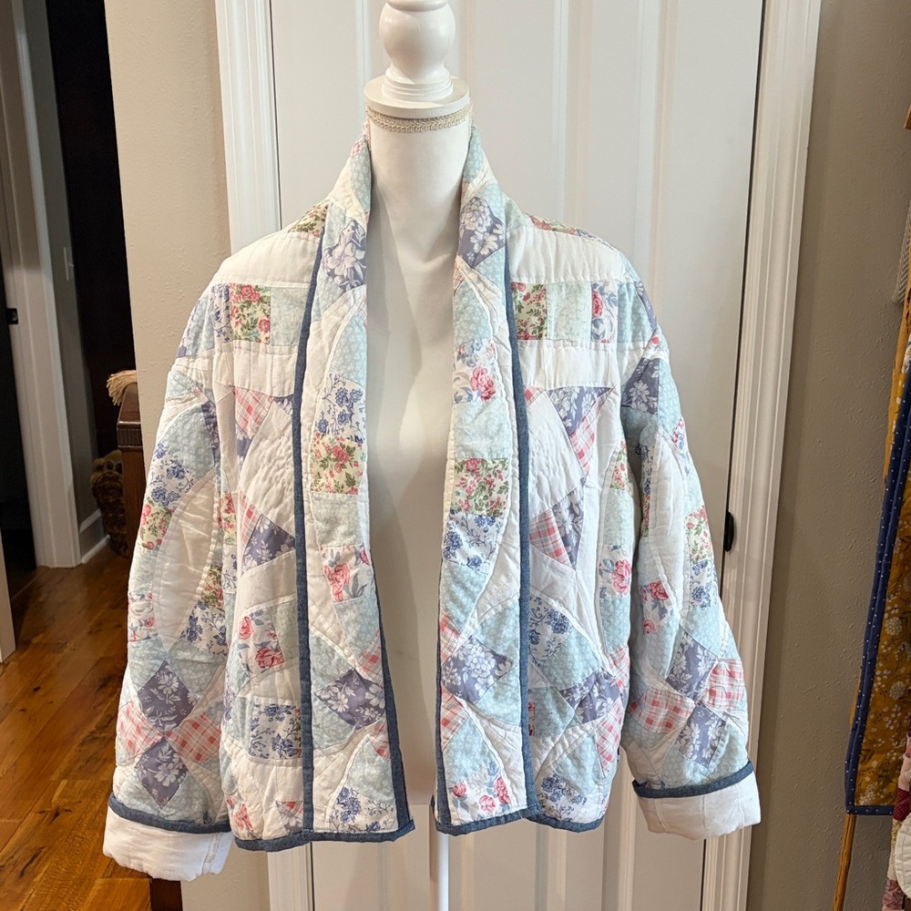 Quilted Patchwork Open-Front Jacket - Pastel Flor… - image 1